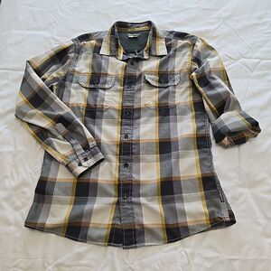 Eddie Bauer Shirt Men's L Yellow and Grey Plaid Button Up Western *See Notes*